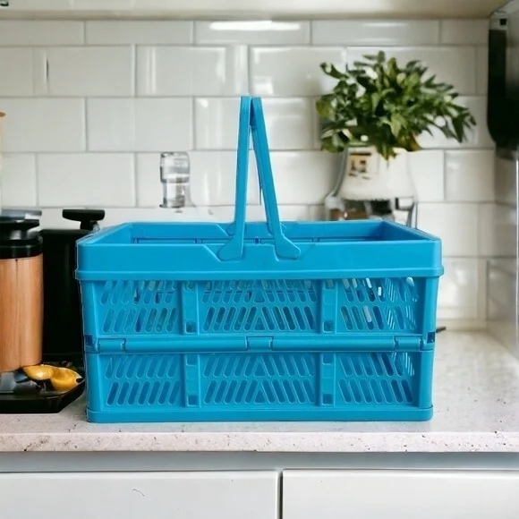 Blue Plastic Foldable Storage Basket 15"x10"x8" Organizer Bin Bathroom Toys G+ - Picture 3 of 6